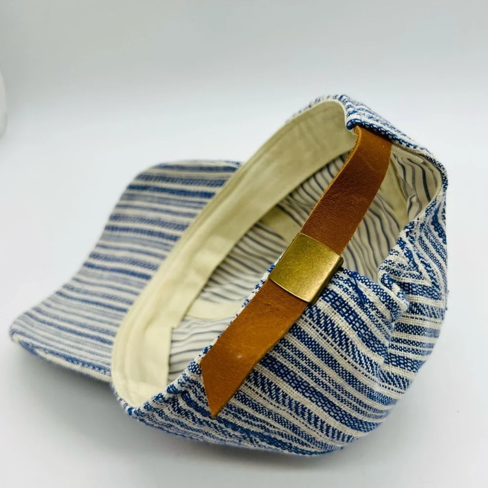 Madewell Navy and Cream Striped Ball cap with Adjustable Leather Strap